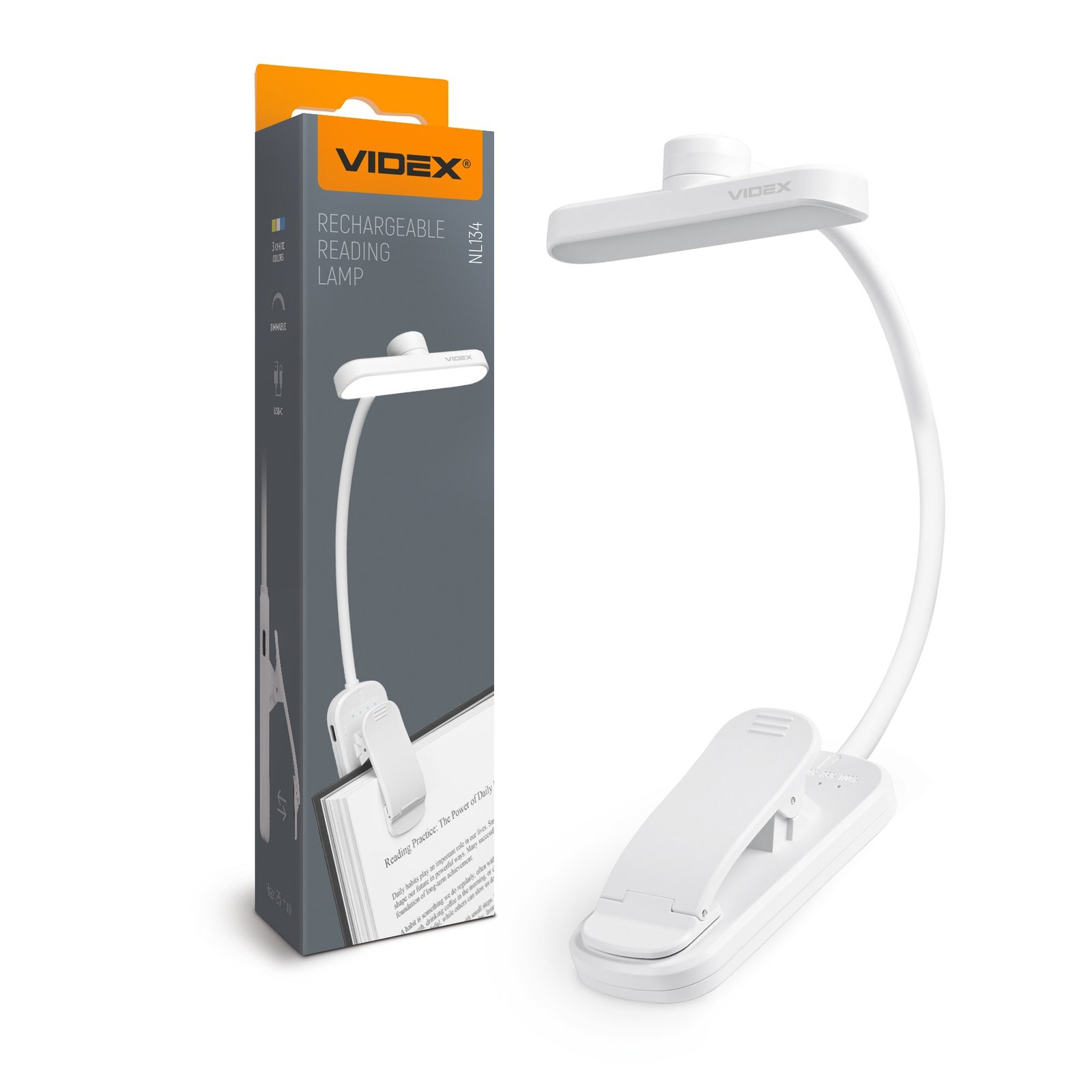 vl-nl134w-00.jpg Lampă de lectură LED reîncărcabilă VIDEX VL-NL134W 3CCT Alb | Lumină Reglabilă USB - imagine 1