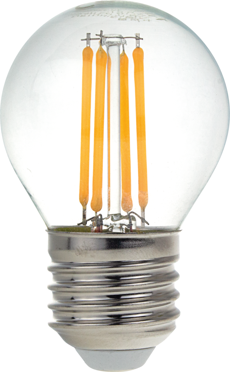 Bec LED din plastic G45 E27, 4 W, sticlă transparentă, cu intensitate reglabilă