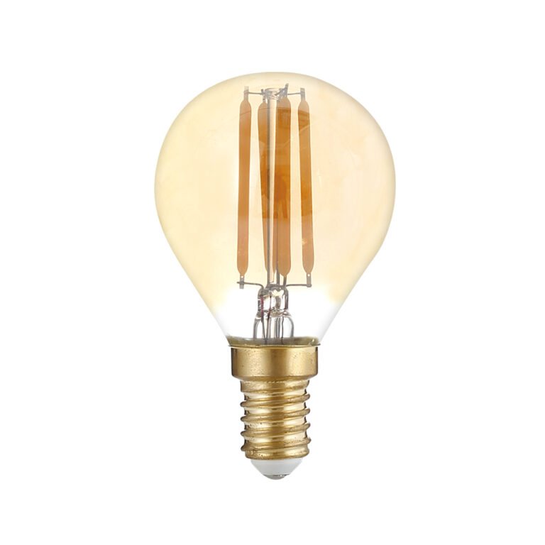 Bec LED cu filament, tip G45 și E14, din sticlă aurie, cu intensitate reglabilă