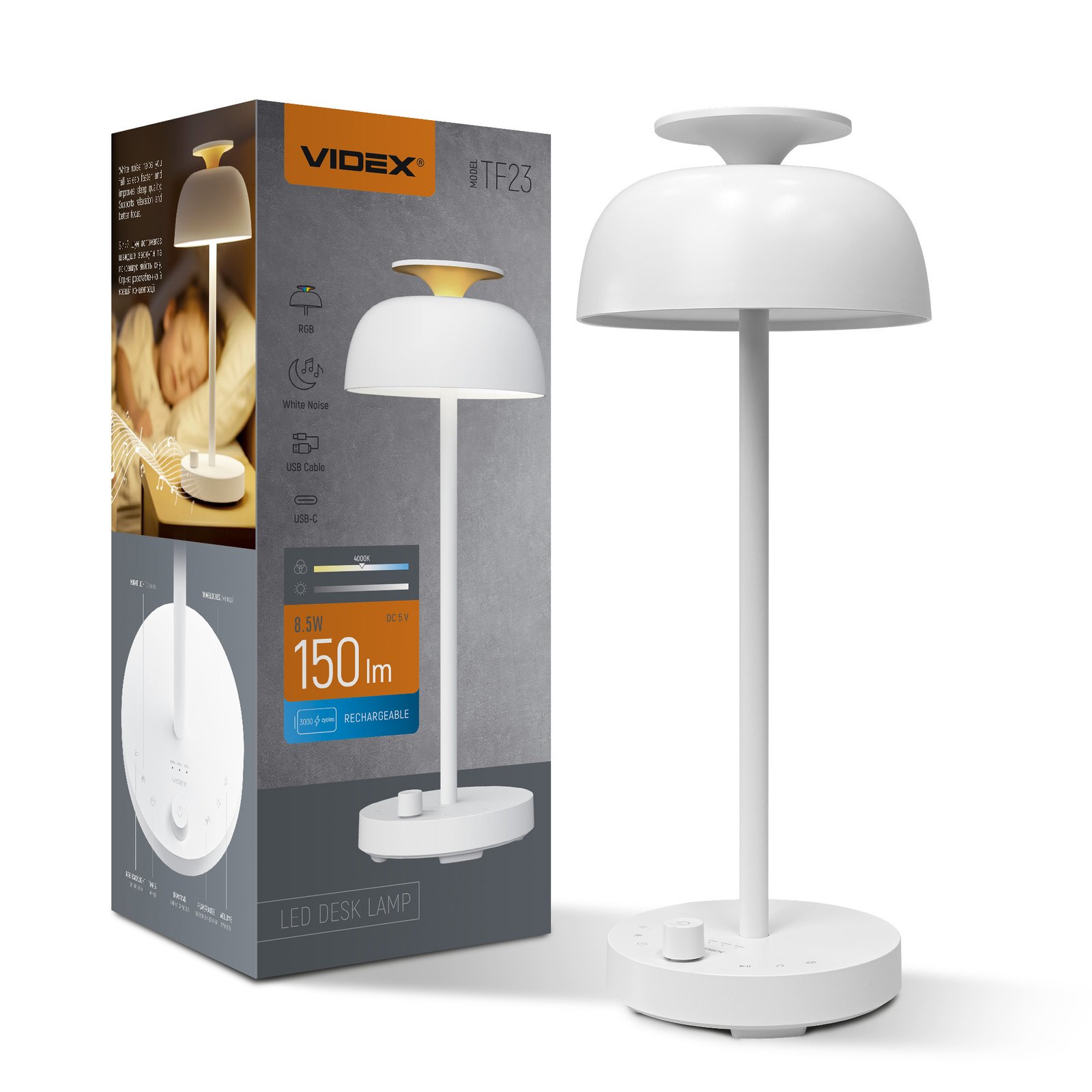 vl-tf23w-00.jpeg Lampă de birou reîncărcabilă LED cu zgomot alb VIDEX VL-TF23W 4000K+RGB alb - imagine 1