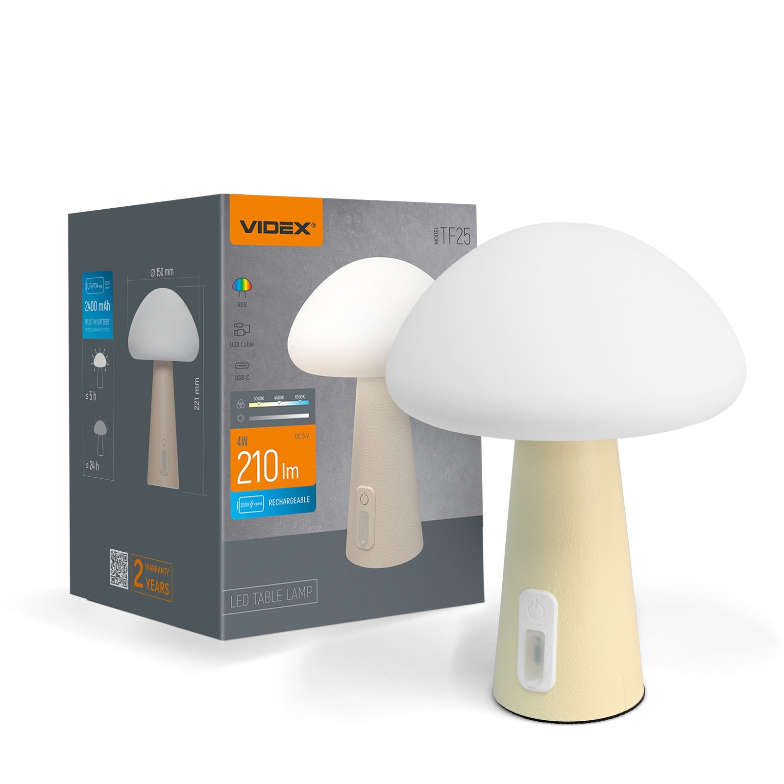 vl-tf25bg-00.jpg Lampă de masă reîncărcabilă cu ciupercă LED VIDEX VL-TF25BG 3000-6500K + RGB - imagine 1